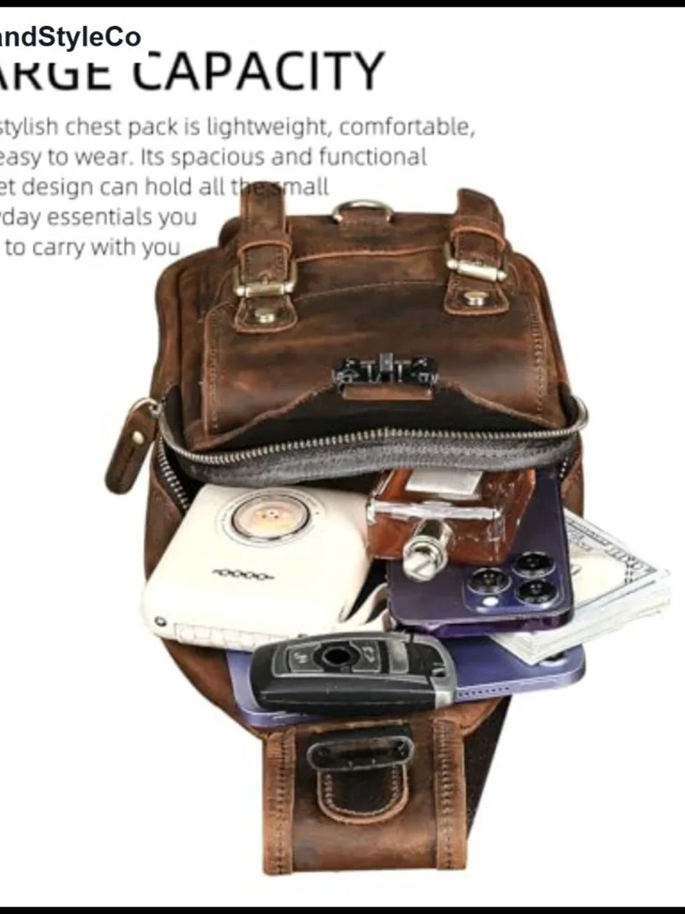 Genuine Leather Hiking Travel Daypack Sling Crossbody Triangle Chest Pack
